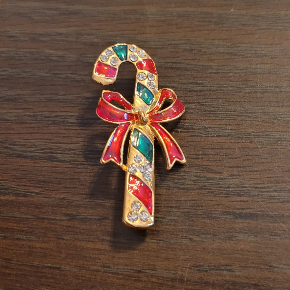Vintage Rhinestone Candy Cane brooch pin